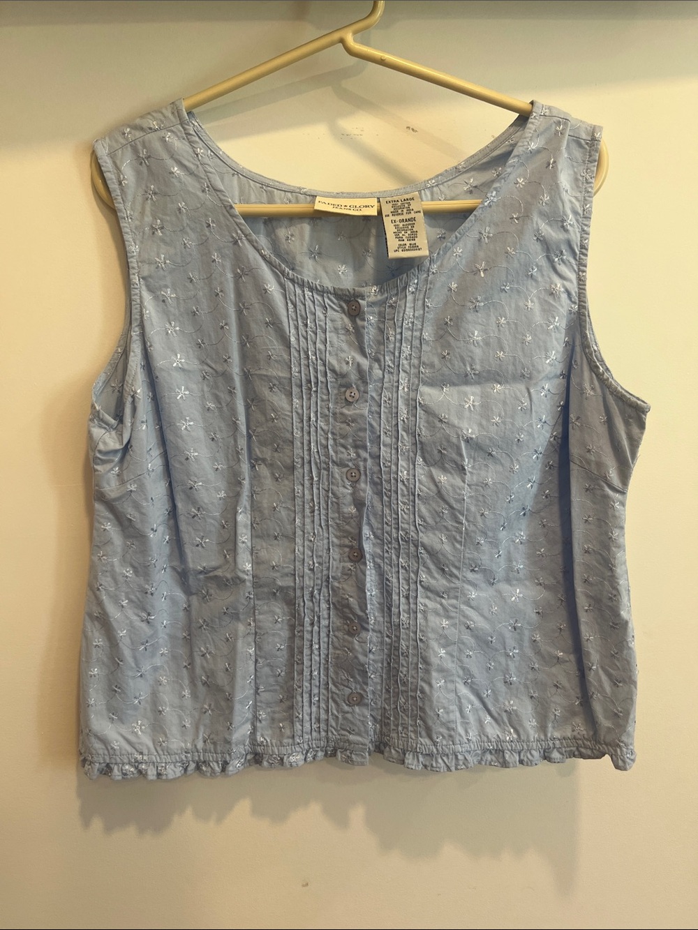 Vintage Faded GloryLight Blue Embroidered Sleeveless Button-Down Top